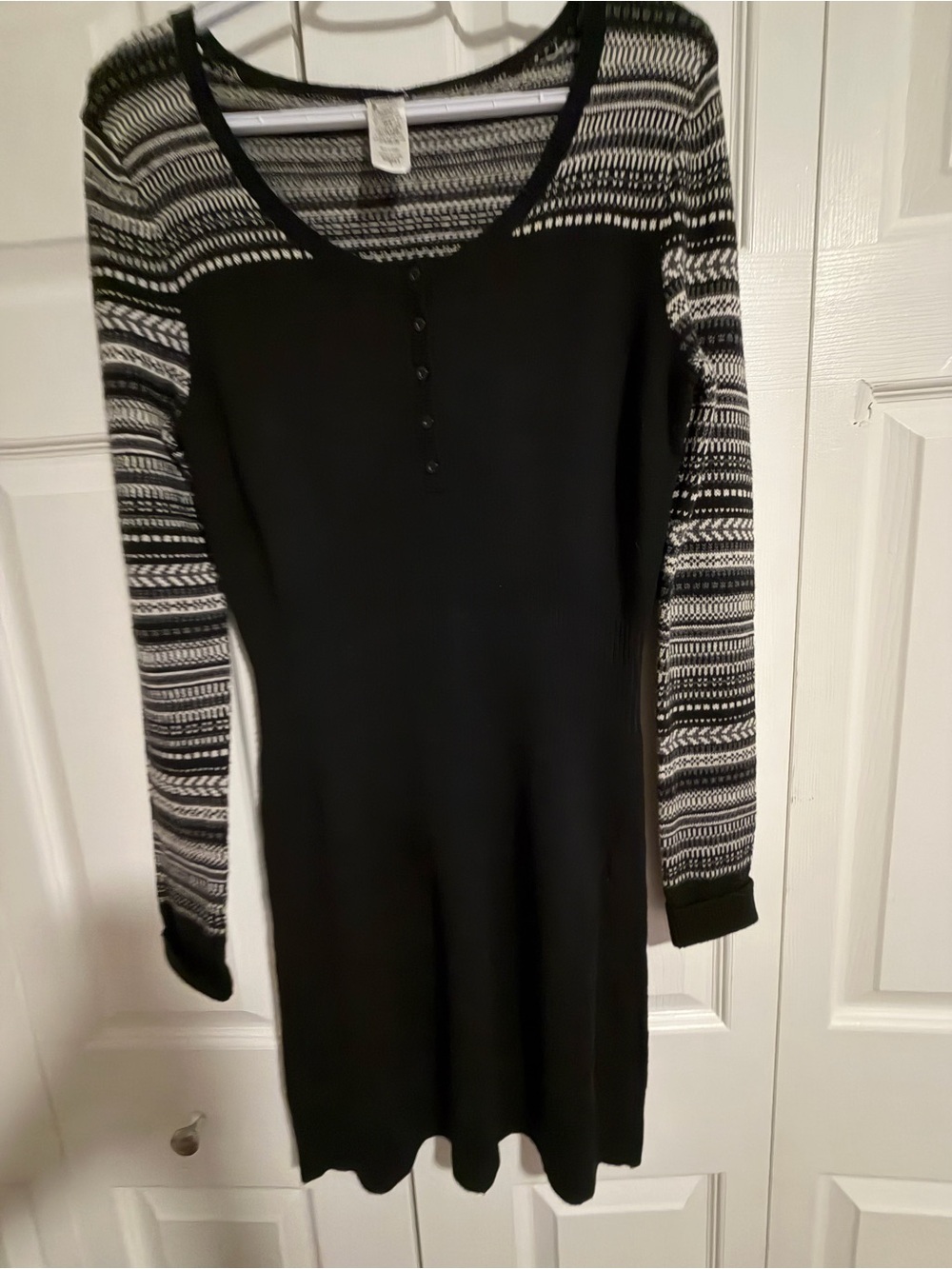 Patagonia Black Wool Knit Long-Sleeve Dress with Black-and-White Patterned Yoke